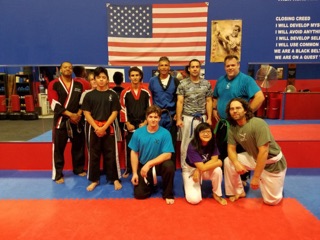 Martial arts students training together